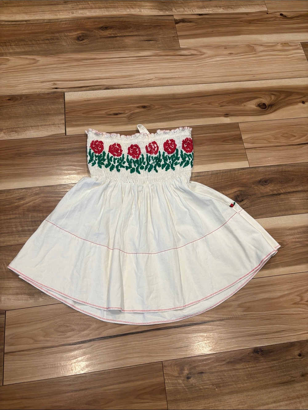 Free People White Strapless Smocked Top with Red Rose Embroidery